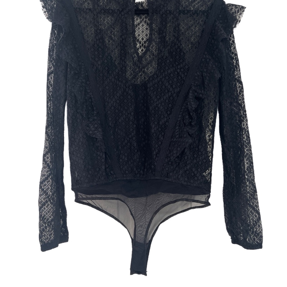 Free People Navy Lace Long Sleeve Bodysuit - Women Tops